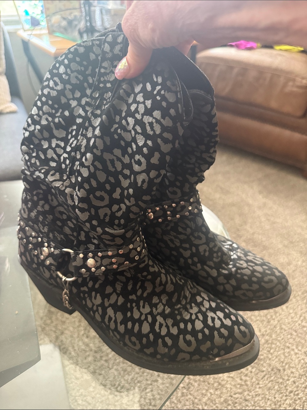 Shyanne Black & Gray Leopard Print Studded Ankle Booties